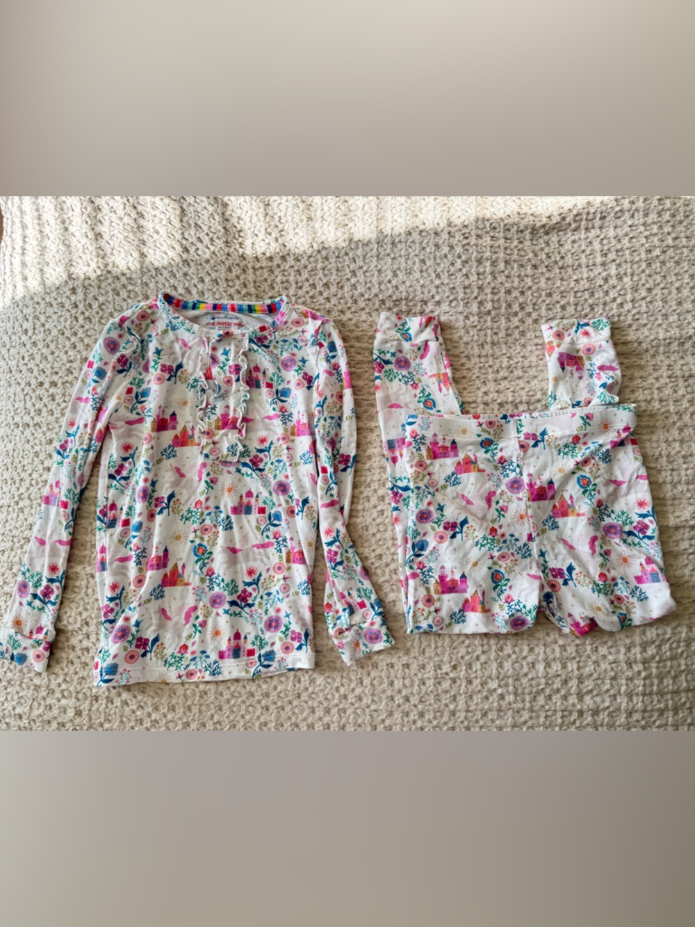 Magnetic Me Girls White Pink Long Sleeve Pajama Set with Castle Floral Print